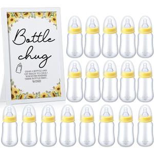 Roowest Bottle Chug Baby Shower Game Favors Including Sunflower Theme Wooden Sign and 18 Pcs Baby Bottles for Gender Reveal Party Supplies (Yellow)