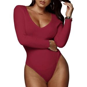 GEMBERA Women's Deep V Neck Long Sleeve Bodysuit Ribbed Knit Bodycon Basic Bodysuit Tops (Large, Burgundy)