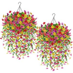 Der Rose 2Pcs Artificial Hanging Flower Basket for Outdoors Fake Hanging Flowers Plants with 4 Faux Silk Trailing Vines for Porch Patio Balcony Spring Decor 