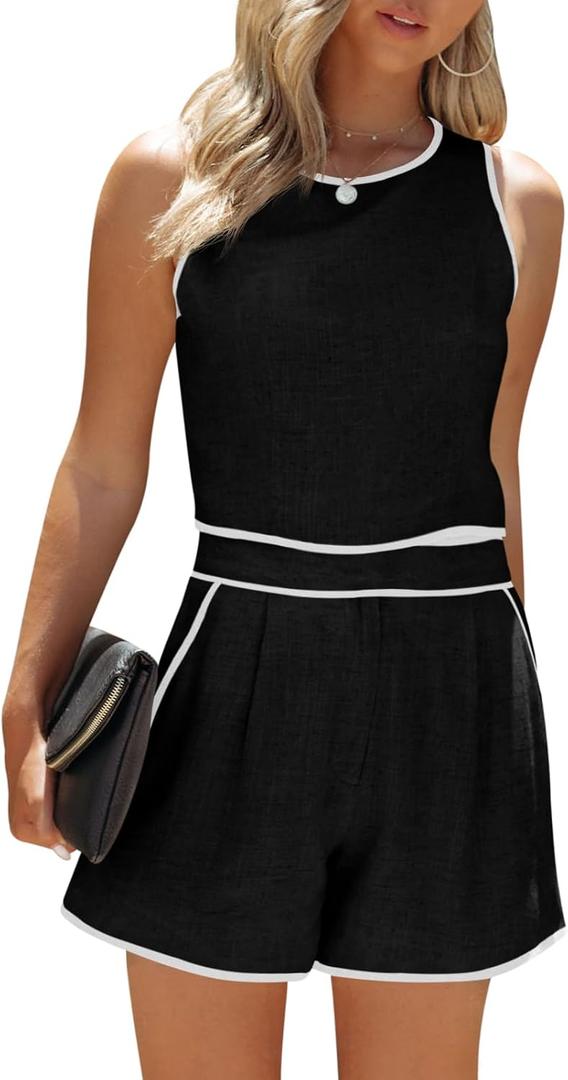 Fessceruna Women's 2 Piece Outfits Sleeveless Crop Zip Back Tank Top and High Waist Shorts Summer Contrast Workout Sets (Black, L)