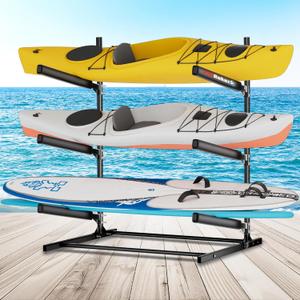 Kayak Storage Rack, Heavy Duty Freestanding Kayak Stand for 2/3 Kayaks, Adjustable Canoe and Paddleboard Holder for Indoor Outdoor Garage Storage, Assembly Required, 3-Tier