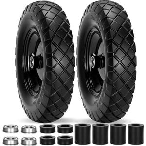 Upgraded 16" Flat Free Wheelbarrow Wheels and Tires, 4.80/4.00-8 Solid Tires with 5/8" & 3/4" Bearings,14"-16" Universal Fit Wheelbarrow Wheels for Wheelbarrows/Garden Trailer