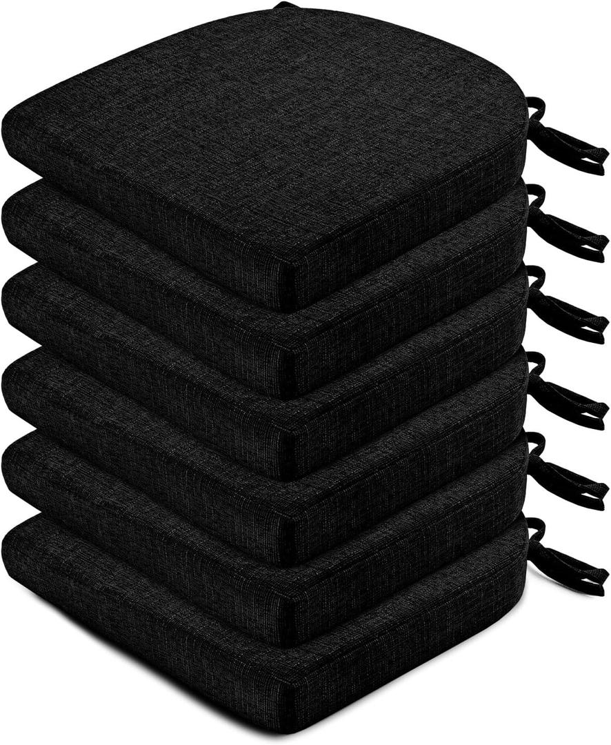 Wellsin Chair Cushions for Dining Chairs 6 Pack - Kitchen Chair Cushions with Ties and Non-Slip Backing - Dining Chair Pads 16"X16"X2", Black