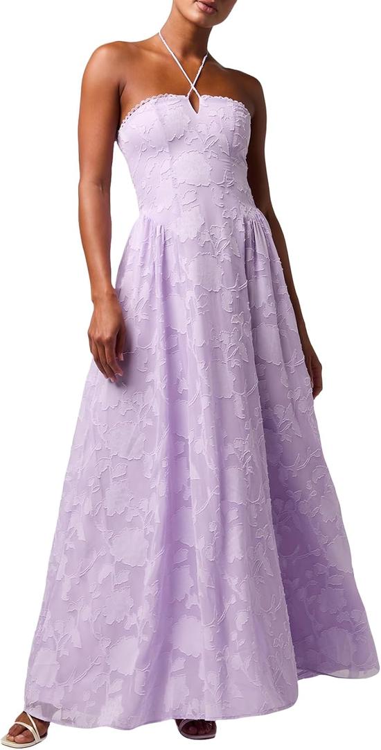 Lulus Sedona Lace Back Burnout Maxi Dress Halter Neck Floral Chiffon Gown for Cocktail Evening Prom (X-Small, Lavender)