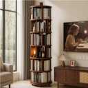 Solid Wood Revolving Bookcase with Wheels, Solid Wood 6-Tier Round Bookshelf, 360 Wooden Rotating Book Tower, Narrow Rolling Vertical Display Storage Rack (Walnut, 6 Tier, 78" H)