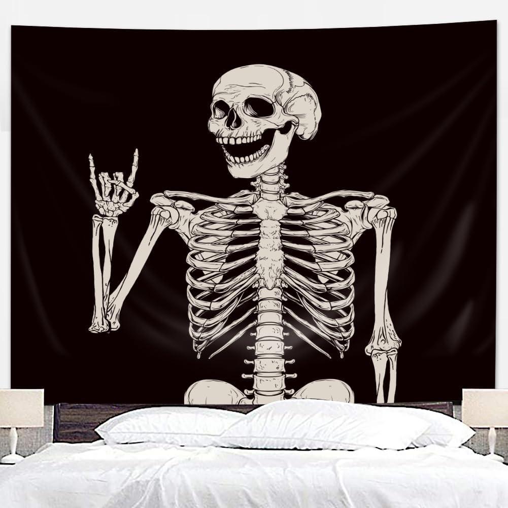 Riyidecor Skull Skeleton Tapestry Wall Hanging 51Hx59W Inch Funny Black and White Theme Home Decor for Men Women Gothic Hippie Halloween Bohemian Terror Rock and Roll Bedroom Living Room Dorm WW-SOKA