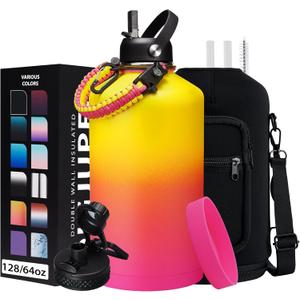 1 Gallon Insulated Water Bottle - with Straw & Auto Chug Lid, Paracord Handle, Bottle Sleeve, 128 oz Stainless Steel Water Bottle, Large Metal Gallon Water Jug Canteen for Sport Work (Yellow Rose-red Gradient)
