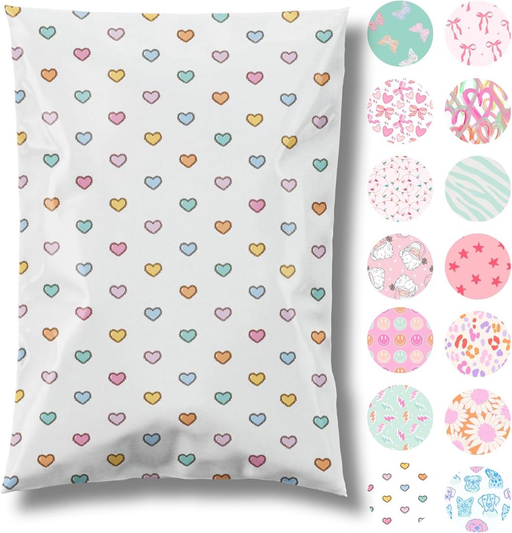 Pretty Package Store 6x9 Designer Poly Mailer 100 Pack Heavy Duty Waterproof Self Seal Shipping Bags for Small Business Large Mailing Envelopes Bulk Tear Resistant Packaging Preppy Hearts