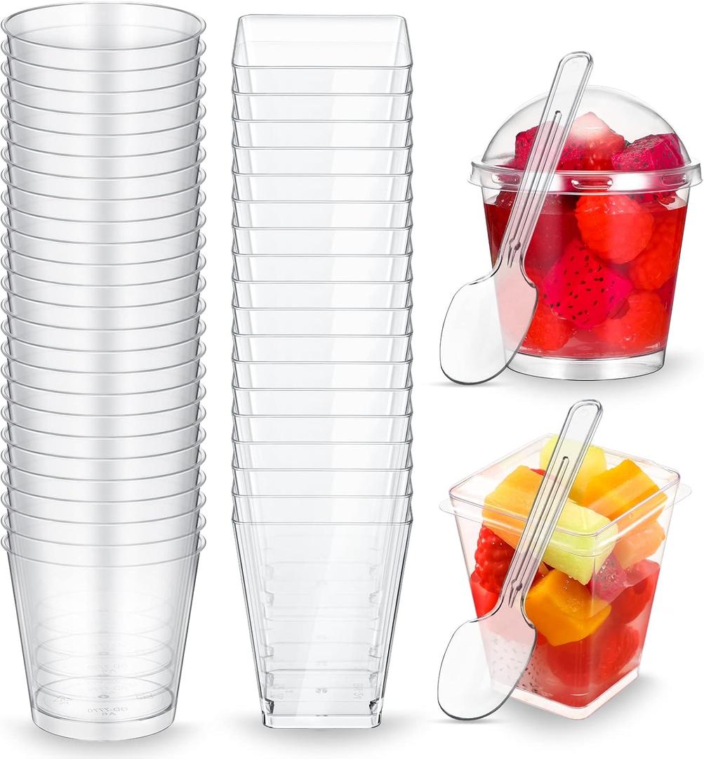 Eaasty 100 Sets Dessert Cups with Lids and Spoons Plastic Yogurt Parfait Appetizer Shooter Cups Round and Square Mini Containers for Pudding, Fruit and Ice Cream(5 oz)