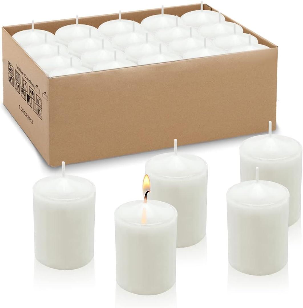 White Votive Candles, 20 Packs Unscented Wax Candles for Wedding, Party & Home (15 Hour), 1.5''D x 2.25''H