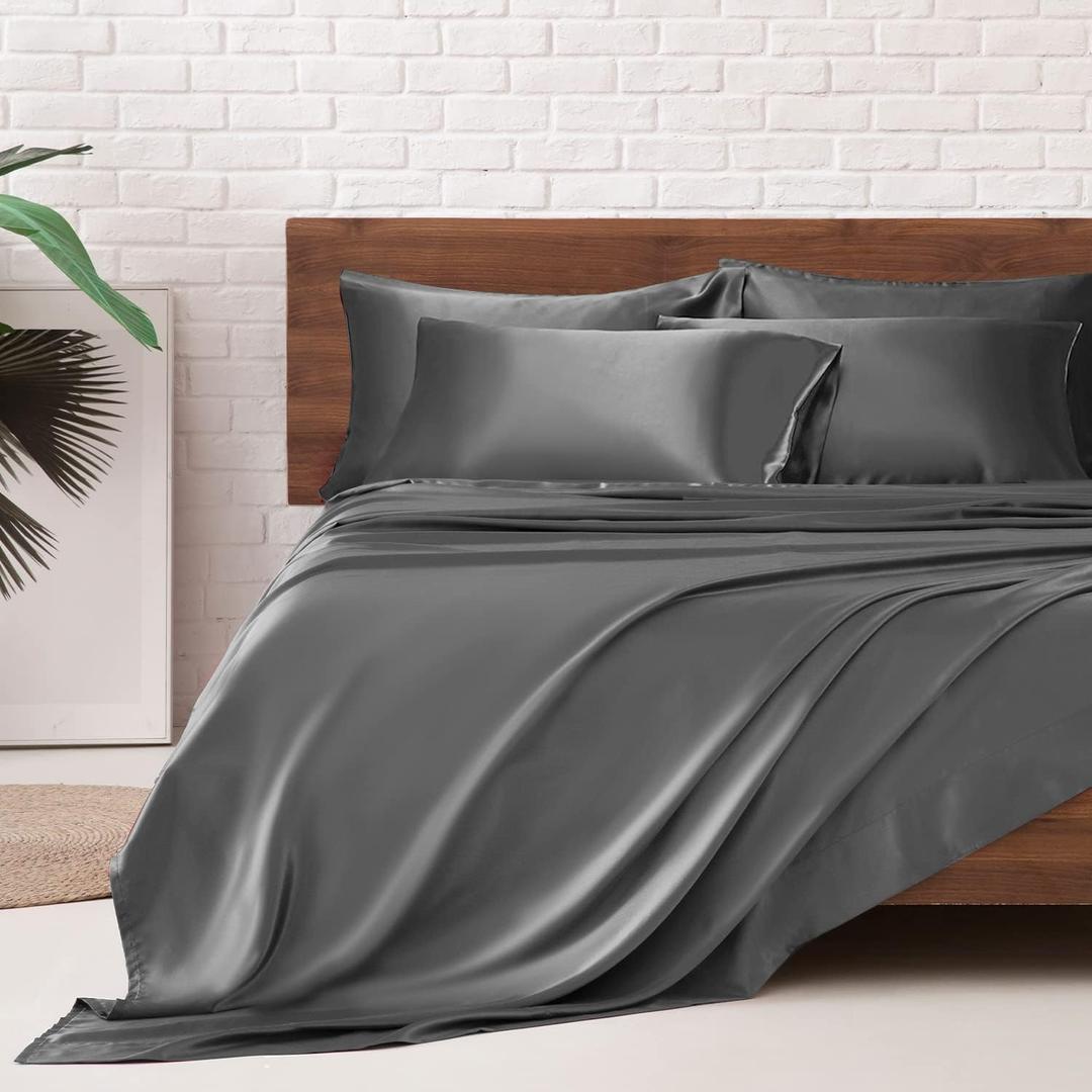 MR&HM Satin Bed Sheets, King Size Sheets Set, 6 Pcs Silky Bedding Set with 15 Inches Deep Pocket for Mattress (King, Dark Grey)