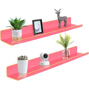 ROYALITA 24 Inches Acrylic Floating Book Shelves Wall Mounted Set of 2, Wall Hanging Plant Display Shelves, Room Decor Floating Wall Shelves for Gaming Room, Bedroom, Living Room, Office, Pink