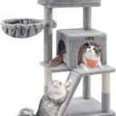 Feandrea Cat Tree, Small Cat Tower with Widened Perch for Large Cats Indoor, Kittens, 96 cm Multi-Level Cat Condo, Scratching Posts and Ramp, 2-Door Cat Cave, Cat Basket, Light Gray UPCT51W