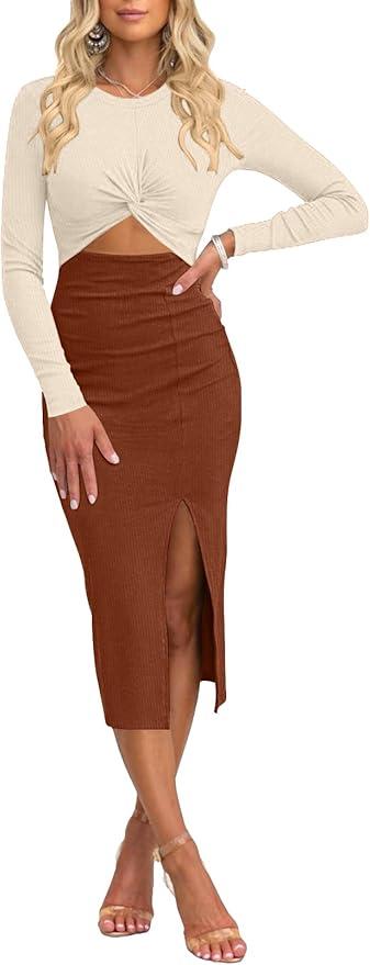 Oten Women Casual Long Sleeve Cutout Twist Front Side Slit Ribbed Knit Party Bodycon Midi Dresses L