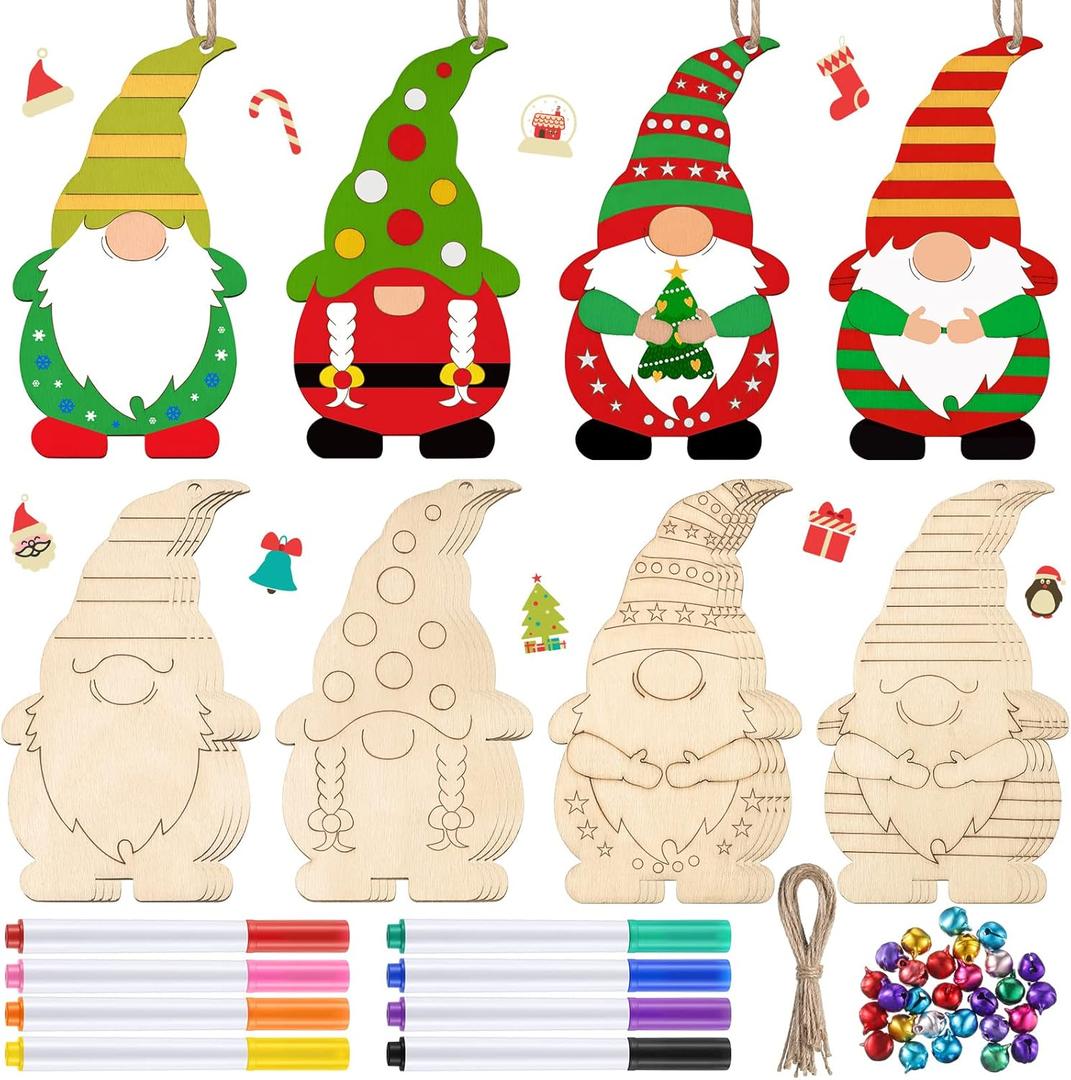Censen 40 Sets Christmas Unfinished Wooden Gnome Ornaments Craft Kits to Paint DIY Include Blank Gnome Cutout Hanging Slices, Colored Marker, Bells for Kids Valentine's Xmas Tree All Festival