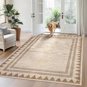 Area Rug 9x12 Modern Solid Rug with Non Slip TPR Backing, Unique Bordered Neutral Washable Carpet, Soft Stain-Resistant Floor Covering, Non Shedding Low Pile Neutral Mat for Open Spaces Office, Tan