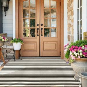 Collive Black and White Striped Fall Outdoor Rug 4'x 6', Washable Cotton Woven Farmhouse Autumn Rug, Layered Welcome Door Mat for Front Porch Deck Bedroom Patio Halloween Decorations