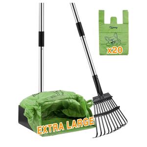 Toozey Unbreakable Dog Pooper Scooper with Extra Large Stainless Metal Poop Tray & 43.31" Long Handle Rake Scoop, Easy Waste Cleanup for Large, Medium, Small Dogs with 20 Bags
