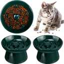 Tioncy 2 Pcs Raised Cat Slow Feeder Bowl Ceramic Elevated Cat Dog Food Bowl No Spill High Edge for Dry Wet Food and Water Easy to Clean, Dishwasher Safe (Dark Green)