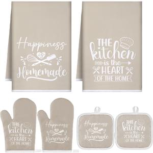 Sratte 6 Pcs Kitchen Decor Accessories Set Farmhouse Towels Pot Holders Oven Mitts Set 2 Dish Towels 2 Potholders 2 Cooking Mittens Oven Glove for Christmas Baking Cooking Supply(Beige,Kitchen)
