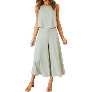 ROYLAMP Women's Summer 2 Piece Outfits Round Neck Crop Basic Top Cropped Wide Leg Pants Set Jumpsuits S