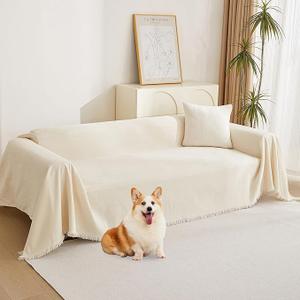 MYSKY HOME Boho Couch Cover Beige Sofa Covers with White Tassel Farmhouse Sofa Slipcover Simple Couch Protector for Dogs Chenille Sectional Couch Covers L Shaped Couch Cushion Covers, 91"x 134", Tassels Edge-beige