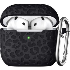 Leopard Engraved for AirPods 4 Case Cover 2024,Soft Silicone Protective Case Compatible with Apple AirPods 4th Generation Case for Women,Cute AirPod 4 Case Accessories with Keychain (Black)