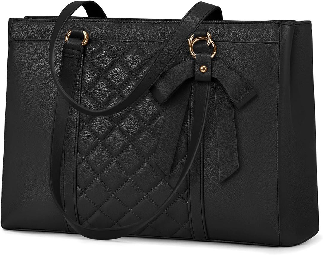 RAINSMORE Laptop Bag for Women 15.6 Inch Work Tote Bags Waterproof Leather Laptop Tote Professional Computer Briefcase (Black)