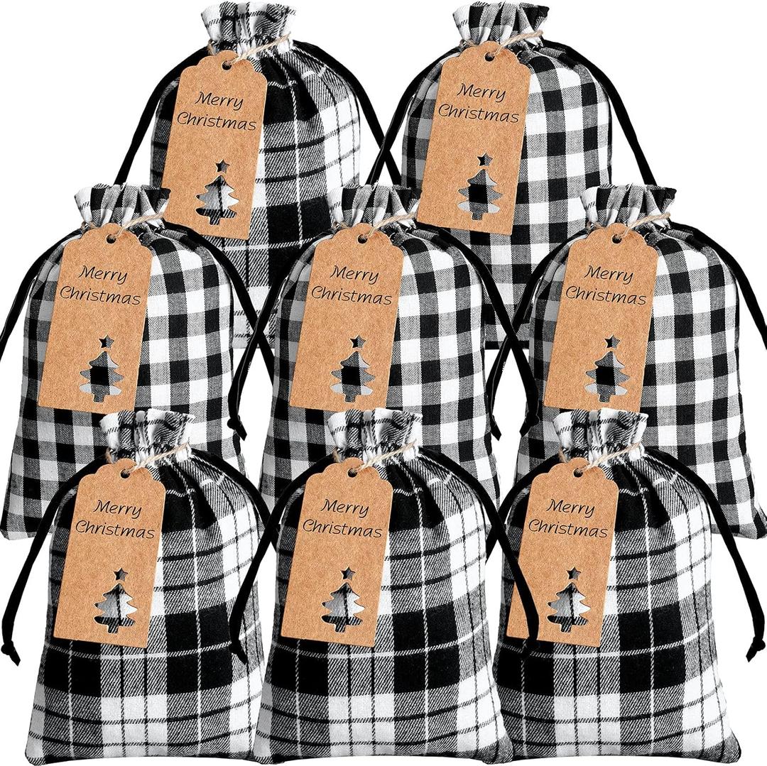Shappy 20 Pcs Christmas Drawstring Bags 6 x 8 Inch Xmas Buffalo Plaid Burlap Candy Bags Holiday Treat Favor Bags christmas goodie bag with Tags for Fabric Sachets Christmas Party(Plaid,Black and White) (20 Count (Pack of 1))