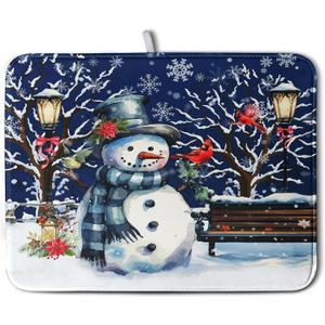 Winter Snowman Dish Drying Mat for Kitchen Counter 18x24, Xmas Snowflakes Dish Drainer Mat Snowy Night Drying Kitchen Mats Cardinal Birld Dish Pad Absorbent Reversible Coffee Mats for Dishes