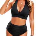 Tempt Me Women Two Piece High Waisted Bikini Set Swimsuits Push Up Halter Tummy Control Bottoms Bathing Suits (Small, Black)