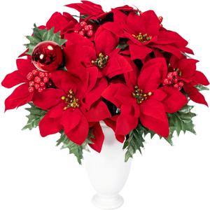 FUANGUI 4 Bundles Poinsettias Artificial Christmas Thanksgiving Red Velvet Flowers Bouquet Floral with Pine Needle Holly Berries Holly Leaves for Home Wedding Xmas Tree Decoration Vase Garland Wreath