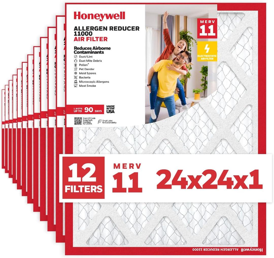 Honeywell 24x24x1 MERV 11 Allergen Reducer 11000 Electrostatic Pleated HVAC AC Furnace Air Filter (12-Pack) | Replacement Filter for Home Use | Made in USA