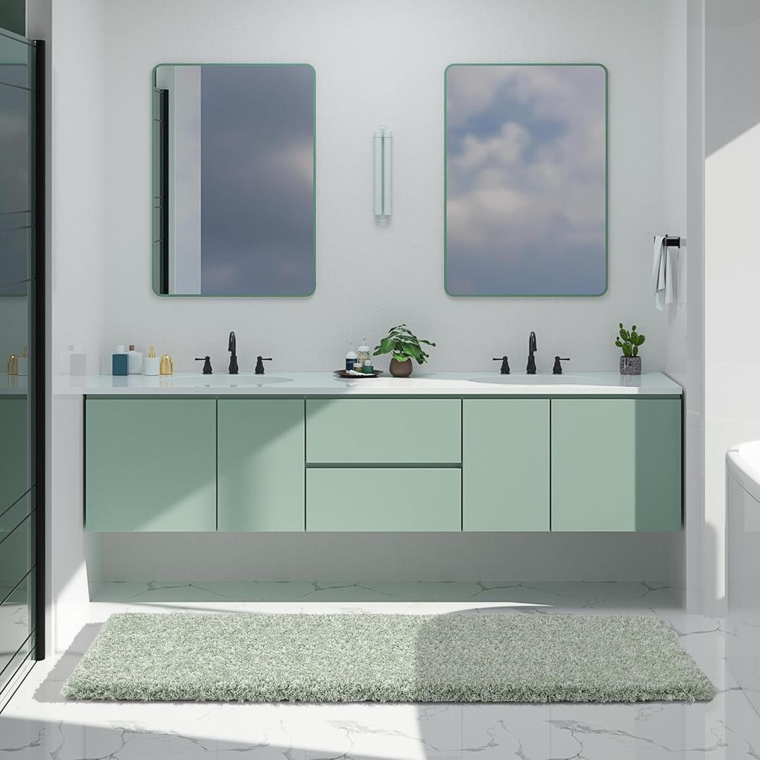 Yimobra Luxury Bathroom Rugs, Fluffy Bath Mats, Non Slip, Water Absorbent Microfiber, Machine Washable, Plush Runner Shower Rugs, Thick Matts for Bathroom Floor&Tub, 70"x 24", Light Green and White