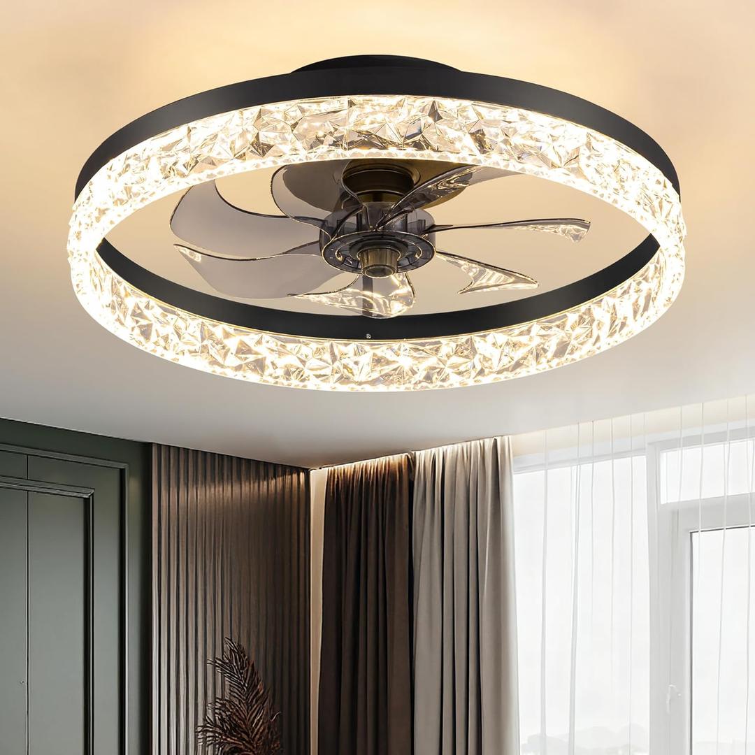 KDG 15.8" Low Profile LED Ceiling Fans with Light, Reversible Flush Mount with Remote and 6 Winds Speeds Fan Lighting, 3 Colors Dimmable for Bedroom, Living Room, Kids, Dinning Room, Kitchen (Black)