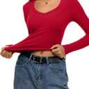 REORIA Womens Long Sleeve Shirts 2025 Fall Trendy Deep V Neck Slim Fit Basic Tops Casual Going Out Top Tee Blouse (XS)