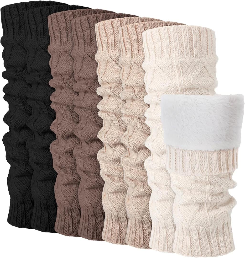 Shihanee 4 Pairs Fleece Lined Leg Warmer Thermal Comfortable Skating Leg Warmer Long Boot Socks Winter Skating Gift for Women (White, Light Khaki, Coffee, Black)
