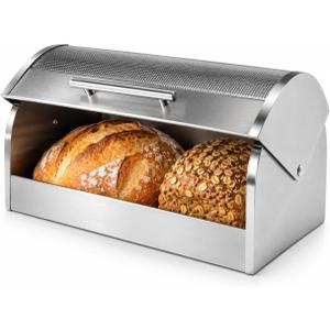 Oggi Stainless Steel Roll Top Bread Box for Kitchen Countertop with Tempered Glass Lid - Fits Multiple Large Loaves of Bread and Other Freshly Baked Goods Including Cookies, Bagels, Muffins, 15.25 x 8.25 x 8.25 inches