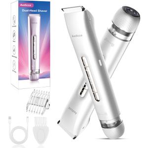 Bikini Trimmer for Women 2 in 1, Dual Head Womens Electric Shaver, Electric Razors for Pubic Hair, IPX7 Waterproof Rechargeable Facial Hair Removal for Shaving Underarm Leg Arm Body Face, White