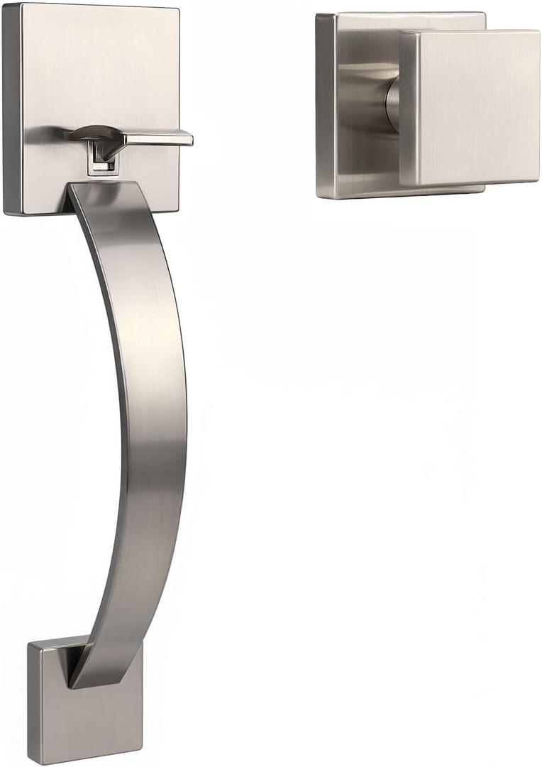 Probrico Square Satin Nickel Front Door Handle, Entry Door Handleset with Square Knob, Exterior/Interior Passage Door Handle with No Lock, 1Pack
