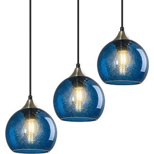 Blue Glass Pendant Lights Kitchen Island Lighting Globe Pendant Light Fixtures Modern Pendant Lighting for Kitchen Island Bedroom Living Dining Room Light Fixture(5.9in, 3-Pack)