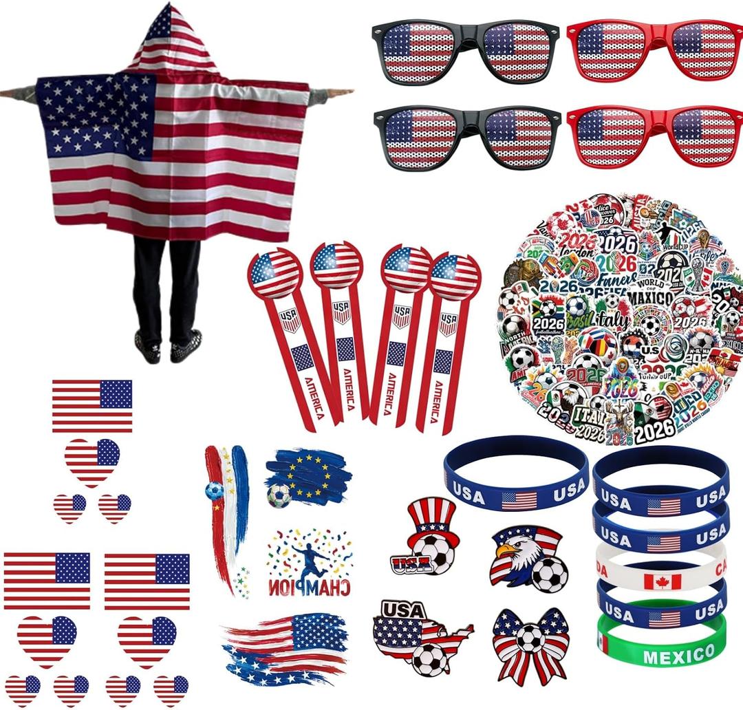 2026 World Cup Fan Accessories Kit 79PCS, Soccer Support Gear Set for Enthusiasts, Flag, GlassesWristbandFacial maskBreastpin& Decals, for Watch Party & Stadium Events (75Pcs+4Pcs Glasses)