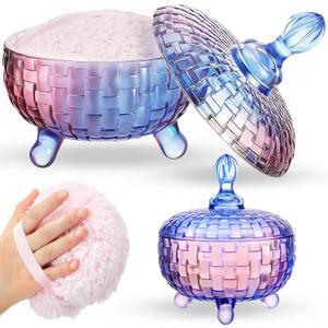 Tioncy 2 Pcs Extra Large Dusting Powder Puff and Container for Women-6'' Glass Crystal Dusting Powder Container with Body Soft Washable Reusable Velour Face(Gradient, Weave Design)