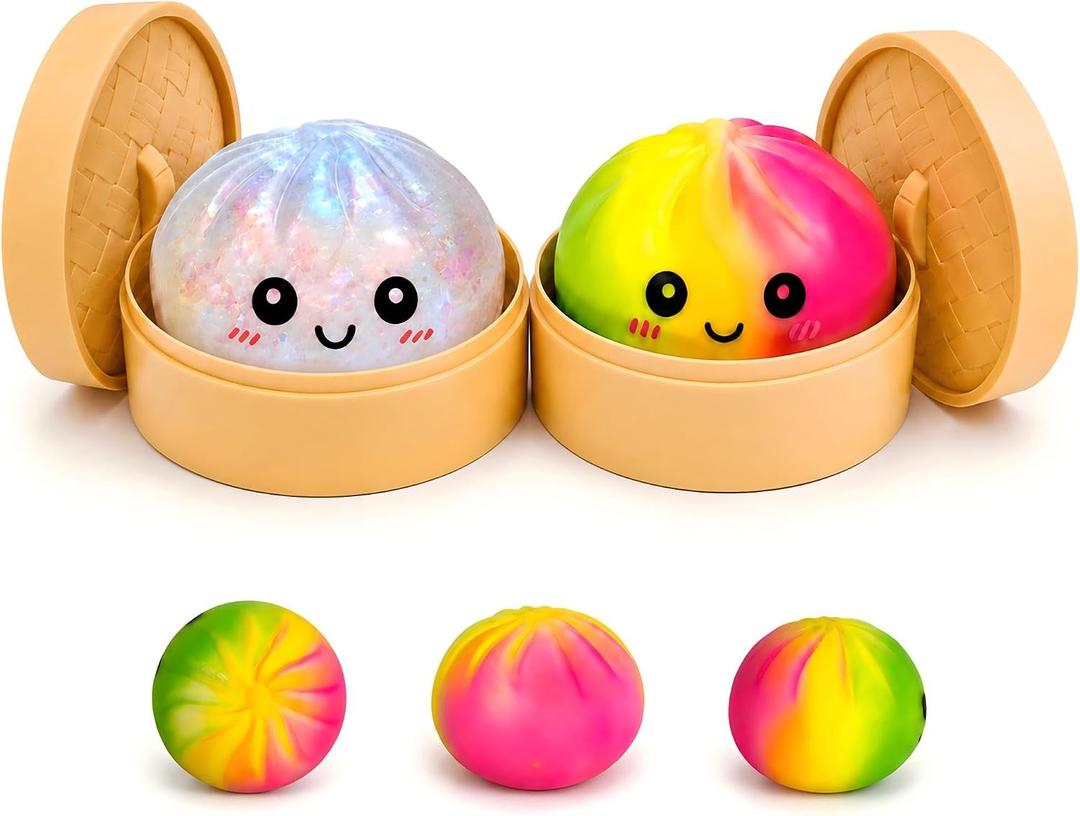 2 PCS White Glitter and Colorful Mystery Dumpling Squishies,Soft Stretchy Bao Bun Stress Relief Balls,Sensory Fidget Squeeze Toys for Anxiety Relief,Decompression Desk Toys