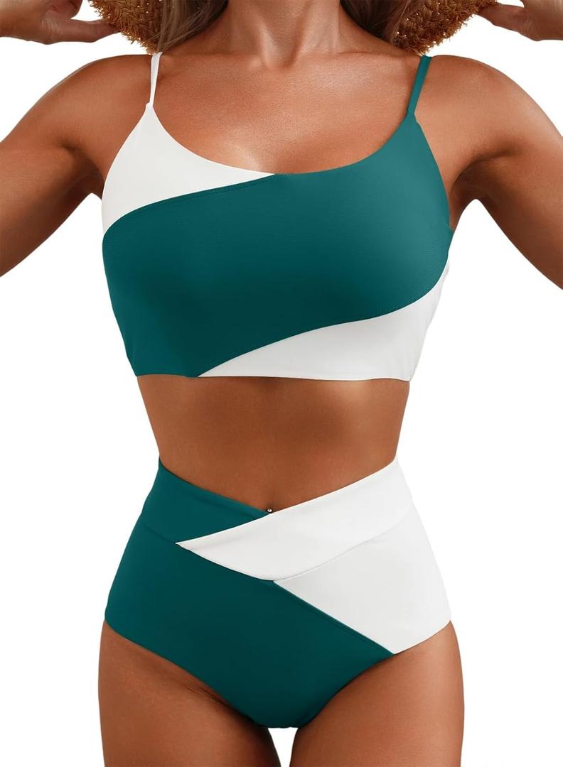Herseas Women 2 Piece High Waisted Bikini Sets Color Block Popular Swimsuit 2026 Summer Beach Best Bathing Suits (Small, Olive Green)