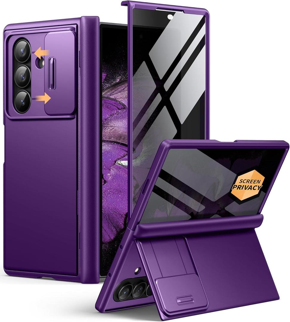 BERFY for Z Fold 7 Case with Privacy Screen Protector, [Anti Spy]Hidden Kickstand & Slide Camera Cover & Hinge Protective, Full Body Shockproof Slim Hard Phone Case for Samsung Galaxy Z Fold 7, Purple