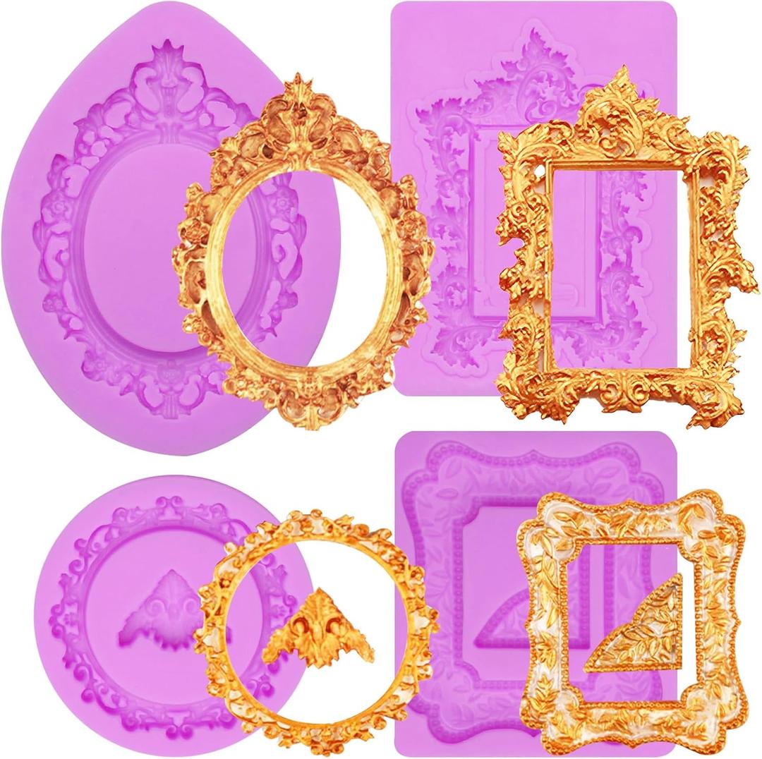 Photo Frame Fondant Molds Baroque Style Vintage Picture Frames Silicone Chocolate Molds for Cake Decorating Polymer Clay Candy Gum Paste Set of 4 (purple(NF225))