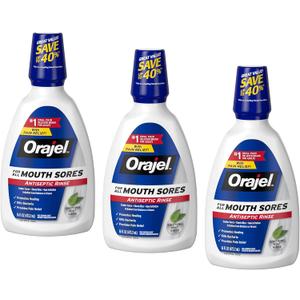 Orajel Nonseptic Mouth Sore Rinse 16oz, Soothing Mint Flavor, Provides Pain Relief, Promotes Healing, 3-Pack Orajel Nonseptic Mouth Sore Rinse 16oz, Soothing Mint Flavor, Provides Pain Relief, Promotes Healing, 3-Pack