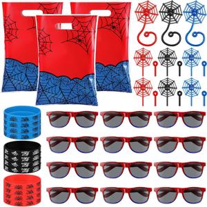 Soulchen 48 Pieces Spiderweb Birthday Party Decoration Set Spiderweb Gift Bags Spider Silicone Bracelet Sunglasses Cobweb Sticky Hands Toys for Birthday Party Supplies Favors (Classic)
