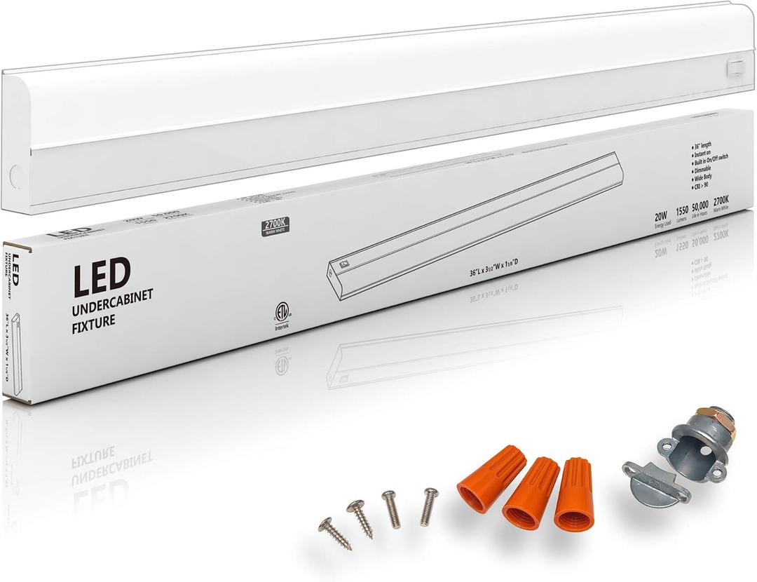 Hardwired LED Under Cabinet Task Lighting - 20 Watt, 36", Dimmable, CRI>90, 2700K (Soft White), Wide Body, Long Lasting Metal Base with Frost Lens